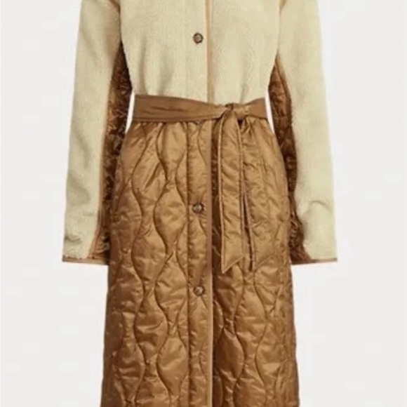 Polo Ralph Lauren women’s Belted Quilted & Sherpa Cream and Brown Coat - Picture 3 of 11